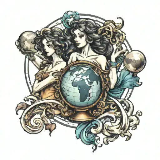 create a design of muses holding up a globe tattoo design idea