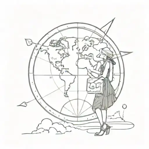 traveller, solo girl, globe, compass, flight symbolizing tattoo design idea