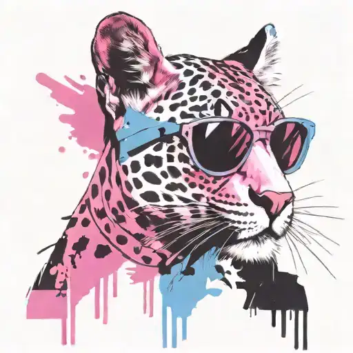 pink panther in suglasses, girl, feminine, pink, blue, white tattoo design idea