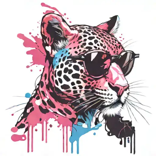pink panther in suglasses, fiminine, pink, blue, white tattoo design idea
