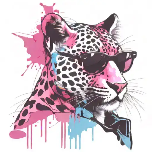 pink panther in suglasses, feminine, pink, blue, white tattoo design idea