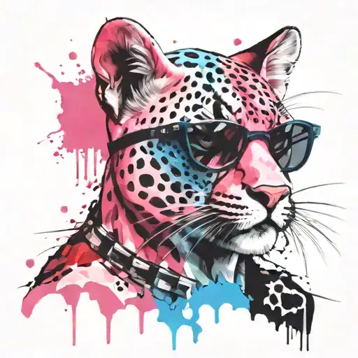 pink panther in suglasses, female, feminine, pink, blue, white tattoo design idea