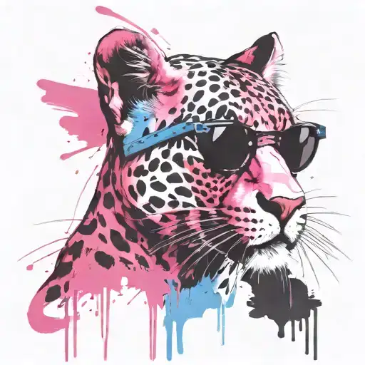 pink panther in suglasses, fiminine, pink, blue, white tattoo design idea