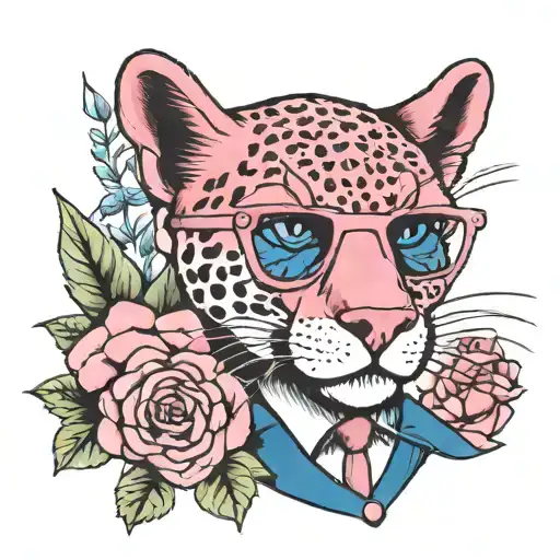 pink panther in suglasses, female, feminine, pink, blue, white tattoo design idea