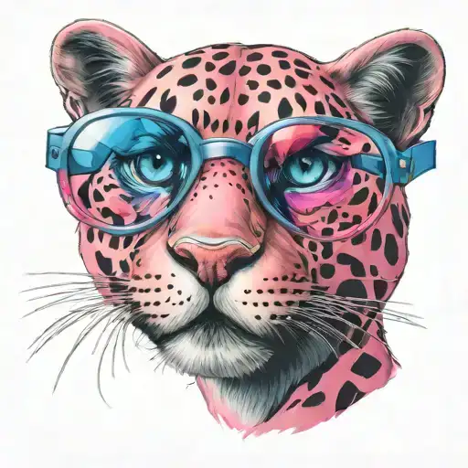 pink panther in suglasses, female, feminine, pink, blue, white tattoo design idea