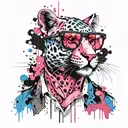 pink panther in suglasses, fiminine, pink, blue, white tattoo design idea