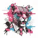 pink panther in suglasses, fiminine, pink, blue, white tattoo design idea