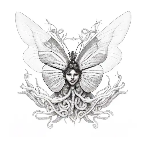 Medusa with simicolon fanges, strangling butterflyings and moths tattoo design idea