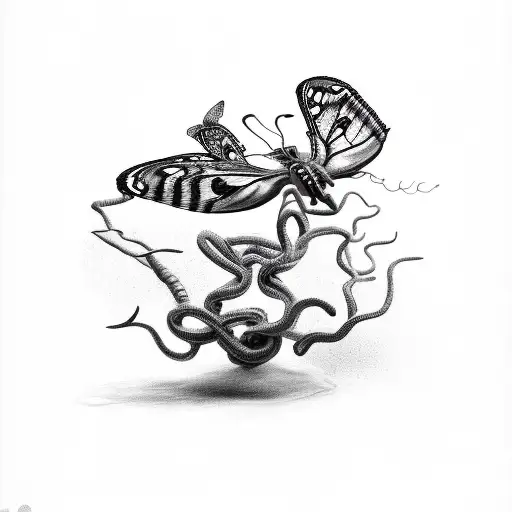 Medusa with simicolon fanges, strangling butterflys and moths tattoo design idea