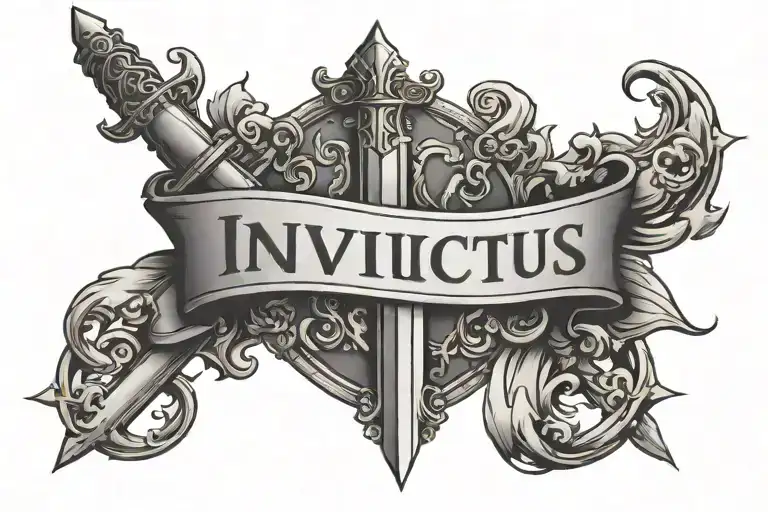 tHE WORD invictus IN CAPITAL LETTERS WITH A SWORD tattoo design idea
