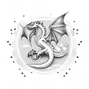 a minimalistic dragon with it's tail down, with dotted scales, medium sized wings, mouth open tattoo design idea