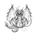a minimalistic dragon with it's tail down, with dotted scales, medium sized wings, mouth open tattoo design idea
