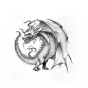 a minimalistic dragon with it's tail down, with dotted scales, medium sized wings, mouth open tattoo design idea