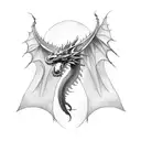 a minimalistic dragon with it's tail going down, with dotted scales, medium sized wings, mouth open tattoo design idea