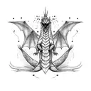 a minimalistic dragon with it's tail going down, with dotted scales, medium sized wings, mouth open tattoo design idea