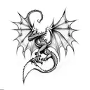 a minimalistic dragon with it's tail going down, with dotted scales, medium sized wings, mouth open tattoo design idea