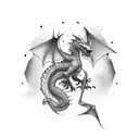 a minimalistic dragon with it's tail going down, with dotted scales, medium sized wings, mouth open tattoo design idea
