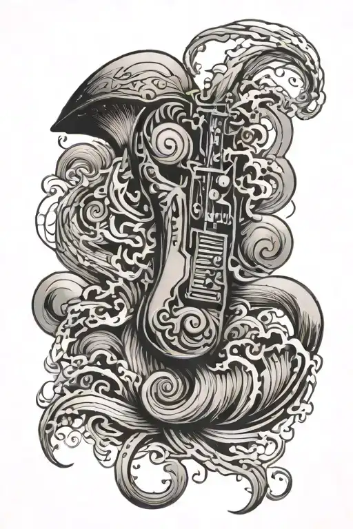 A full sleeve tattoo in black and grey, featuring waves, dandruffs, jazz, music, and a 90s / early 2000s aesthetic. tattoo design idea