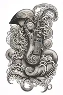 A full sleeve tattoo in black and grey, featuring waves, dandruffs, jazz, music, and a 90s / early 2000s aesthetic. tattoo design idea