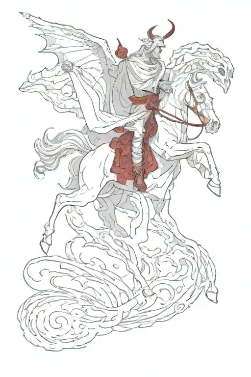 revelation rider on the white horse with robe dipped in blood slaying the red dragon which is falling into the abyss tattoo design idea