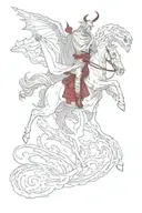 revelation rider on the white horse with robe dipped in blood slaying the red dragon which is falling into the abyss tattoo design idea