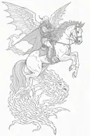 revelation rider on the white horse with robe dipped in blood slaying the red dragon which is falling into the abyss tattoo design idea