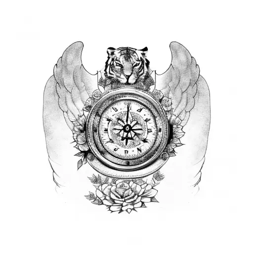 arm tat with angel wings, flowers, a tiger, compass, mango tree and clock tattoo design idea