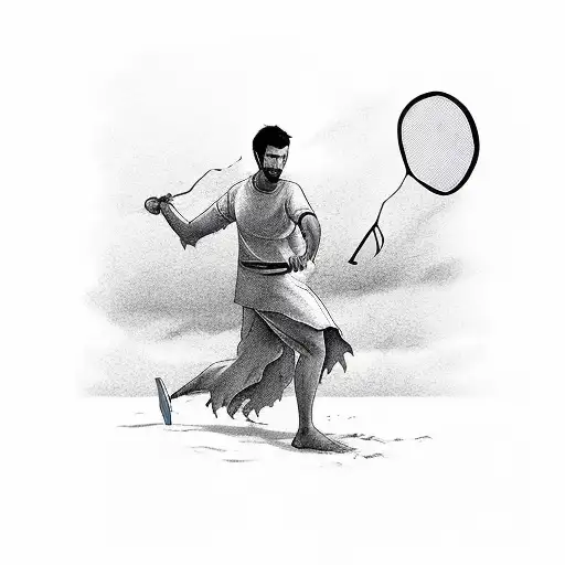 A ghostly figure playing badminton on a tropical beach tattoo design idea