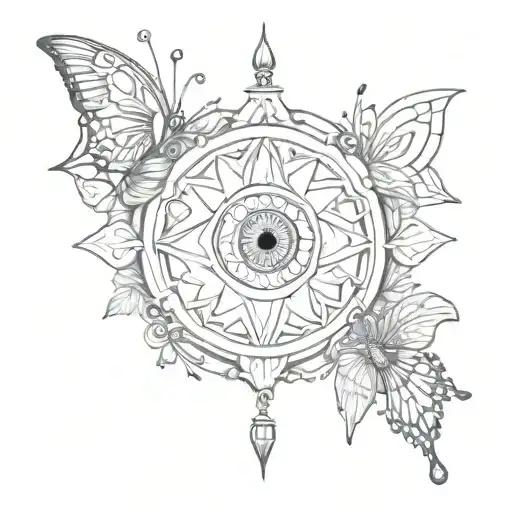 evil eye and butterflies flying tattoo design idea