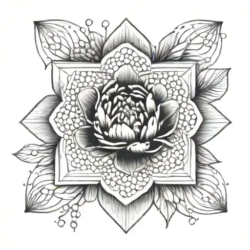 A geometric mandala design incorporating elements of a peony flower in dotwork style tattoo design idea