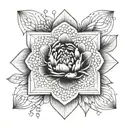 A geometric mandala design incorporating elements of a peony flower in dotwork style tattoo design idea
