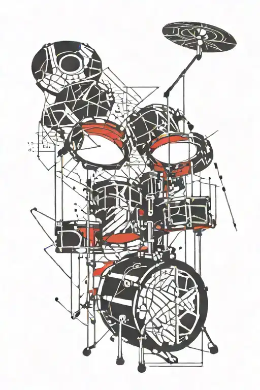 color black and red, drums, headphones, notes, straight lines, circles tattoo design idea