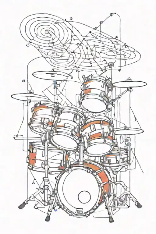 color black and red, drums, headphones, notes, straight lines, circles tattoo design idea