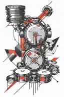 Sleeve tattoo sketch, graphics, black and red color, drums, headphones, notes, straight lines, circles tattoo design idea