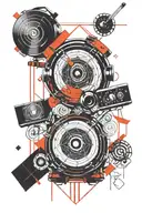 Sleeve tattoo sketch, graphics, black and red color, drums, headphones, notes, straight lines, circles tattoo design idea