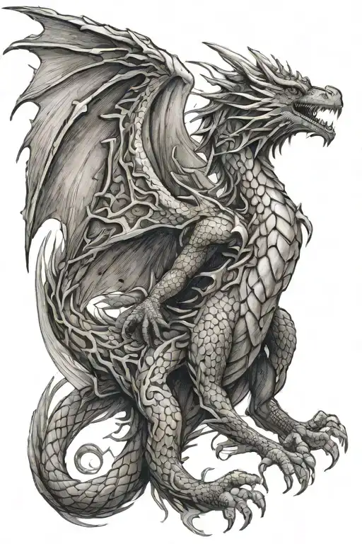 dragon breathing out phoenix flying tattoo design idea