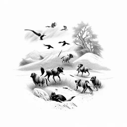 A pack of hunting dogs chasing a flock of birds in a detailed woodland setting tattoo design idea