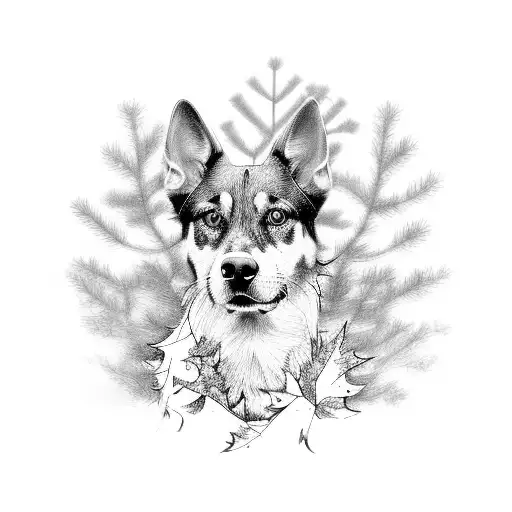 A realistic portrait of a loyal hunting dog surrounded by pine trees and falling leaves tattoo design idea