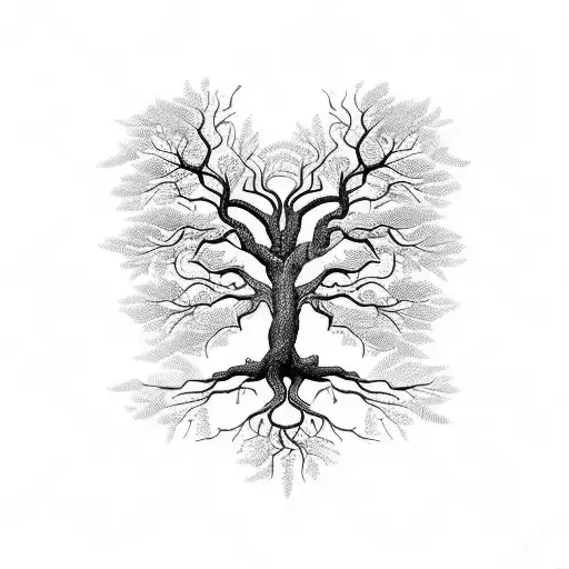 A majestic tree of life with intricate roots and branches intertwined with various animals and birds tattoo design idea