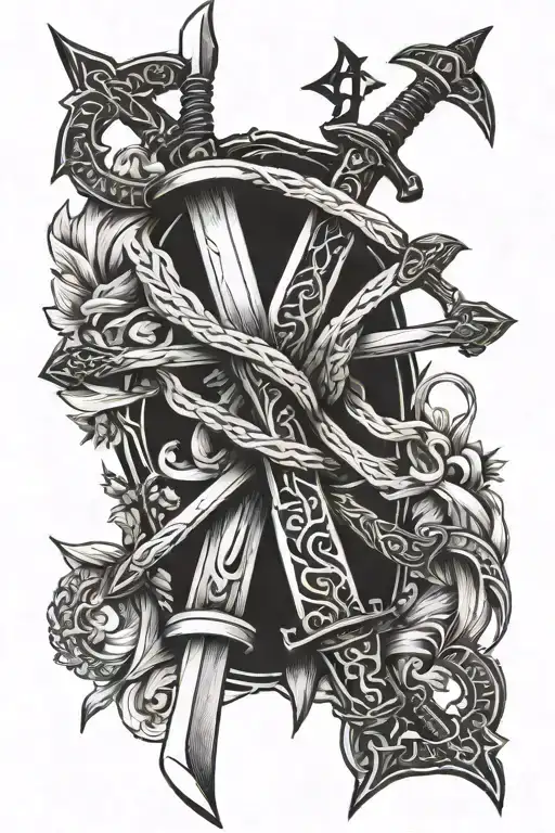 three swords that cross each other and the handles are a A a L and a G tattoo design idea