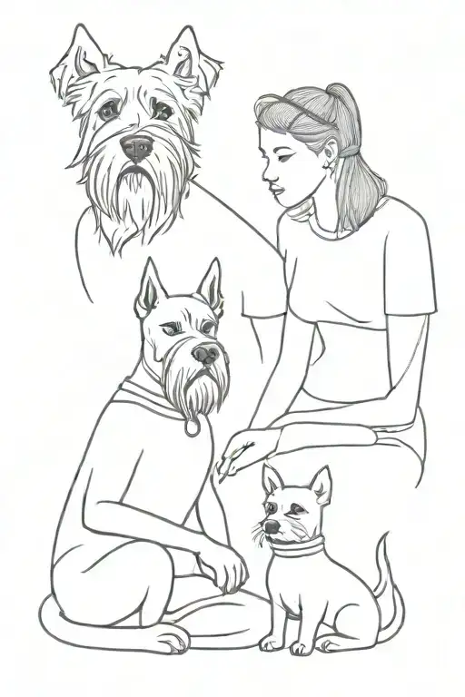 man, girl, son, schnauzer dog and cat sitting alone tattoo design idea