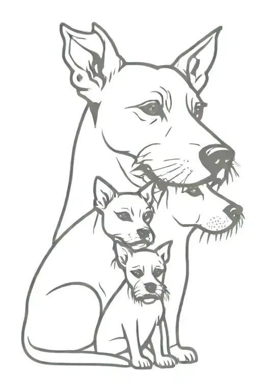 husband, wife, son, schnauzer dog and cat sitting tattoo design idea