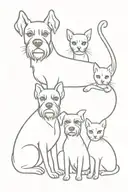 husband, wife, son, schnauzer dog and cat sitting tattoo design idea