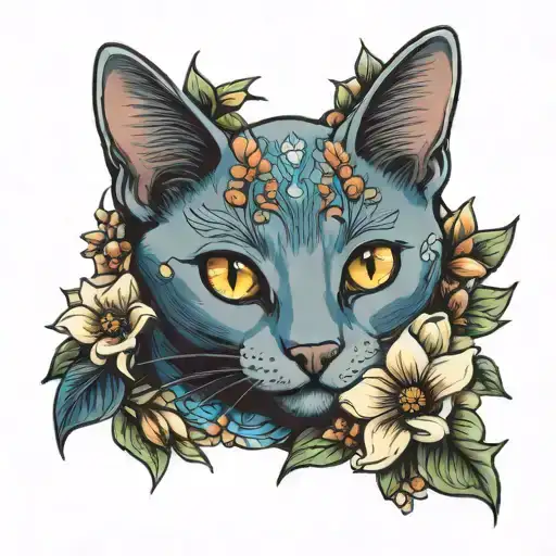 Russian blue cat surrounded by flowers tattoo design idea