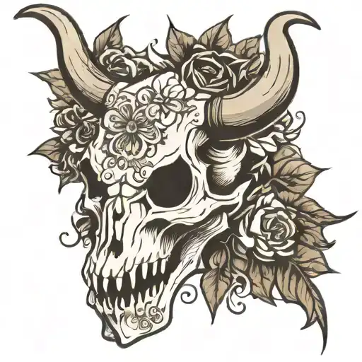 bull skull flowers cards black and white tattoo design idea