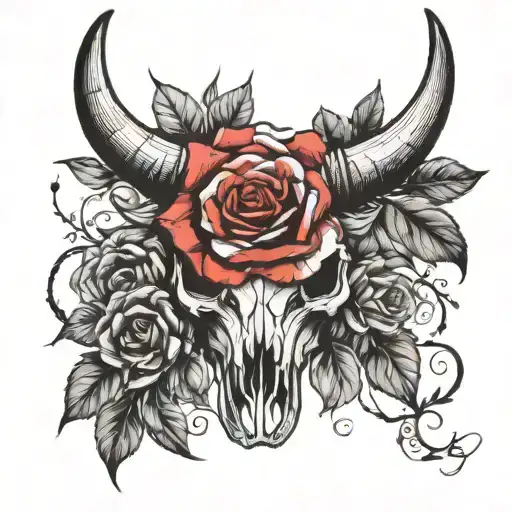 bull skull roses black and white tattoo design idea