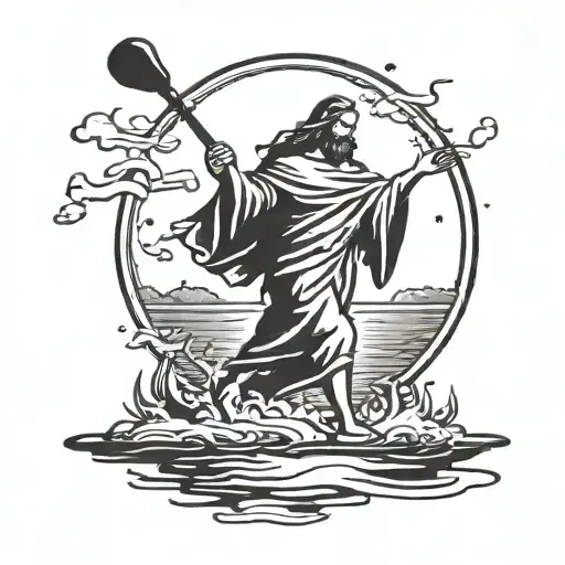 A silhouette of Jesus walking on water with a golf club in hand, blending the passion for golf with faith tattoo design idea