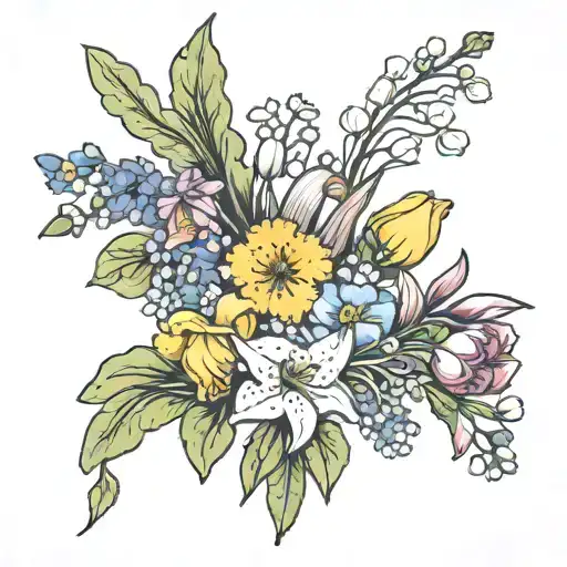  daffodils and  lily of the  valley and larkspur and gladiolus and chrysanthemums bouquet  tattoo design idea