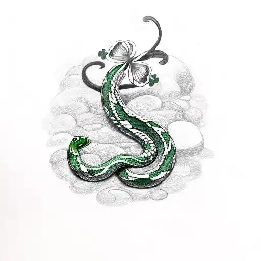 green, white and orange snake with shamrock tattoo design idea