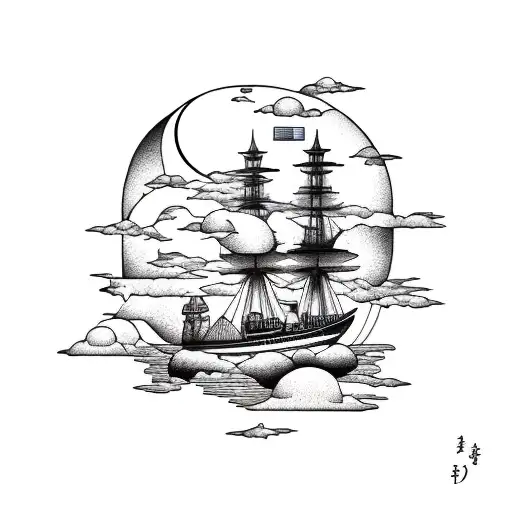 UFOs over the ocean with ships  tattoo design idea